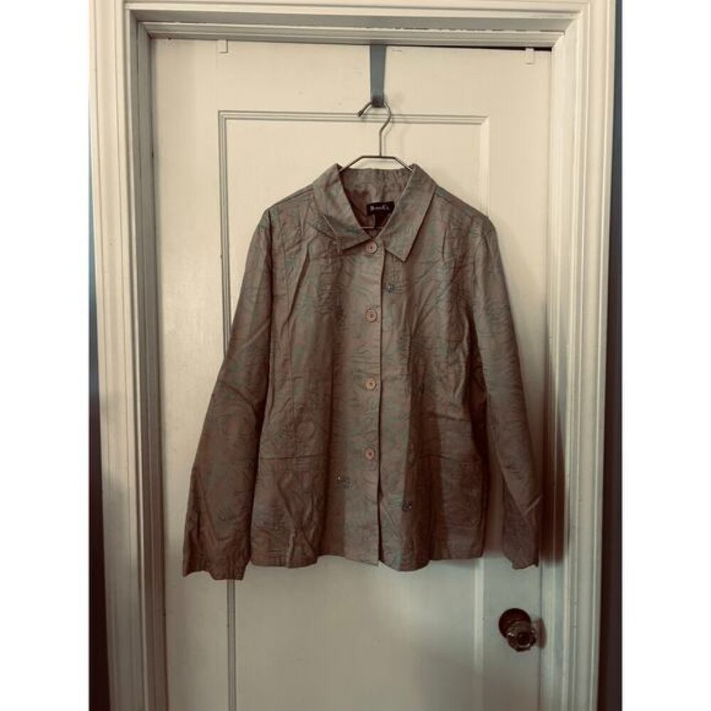 D&co denim & co. XL tan shacket top with blue embroidery and beading